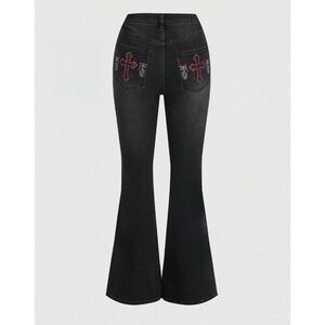 Romwe Flare Jeans Womens XS Black Rhinestone Cross Embroidered Goth Y2K Slim NWT